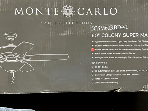 Monte Carlo 60" Ceiling Fan Colony Super Max Plus Roman Bronze 5CSM60RBD-V1 - Picture 4 of 6