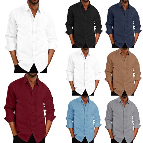 Mens Solid Turn Down Collar Long Sleeve Solid Tops Single Breasted Casual Blouse