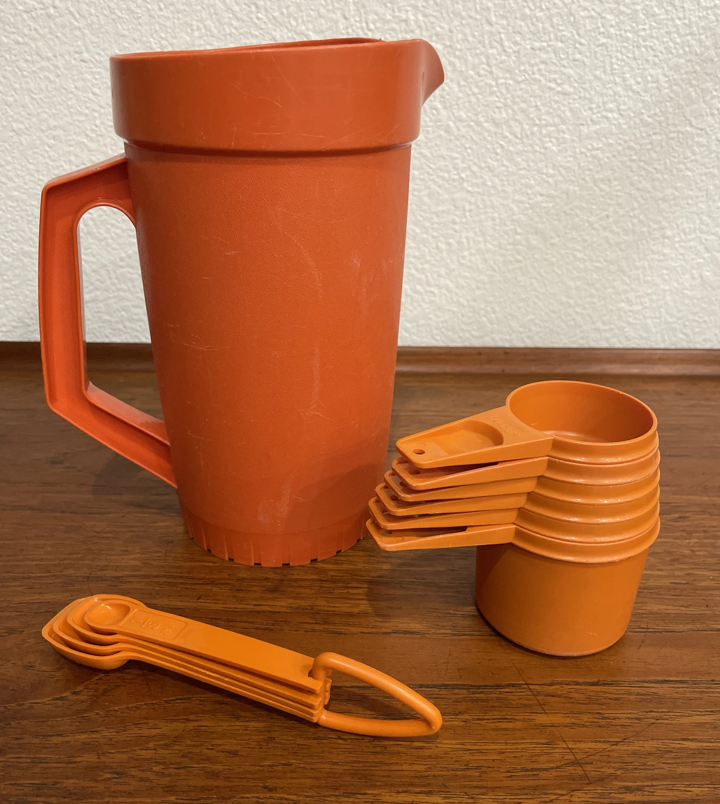 Vintage Mixed Lot Orange Tupperware Measuring Spoons Cups Pitcher
