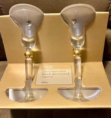 2er Set M&S Kerzenständer 22 Karat Goldbesatz Glas Handverziert Neu