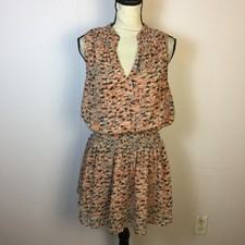 Lucky Brand Mini Blouson Dress Sz M Womans Orange Blue Sleeveless Smocked Waist