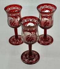 Set of 3 Antique Bohemian Ruby Red Cordial Glass w/ Etched Winter Scene