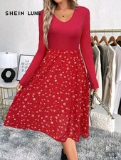 Shein Long Sleeve Red Floral Women's Dress Size XL 12/14