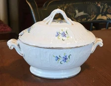 Antique English Sauce Tureen Hard Paste Porcelain Sprig Slip Molded 19th Century