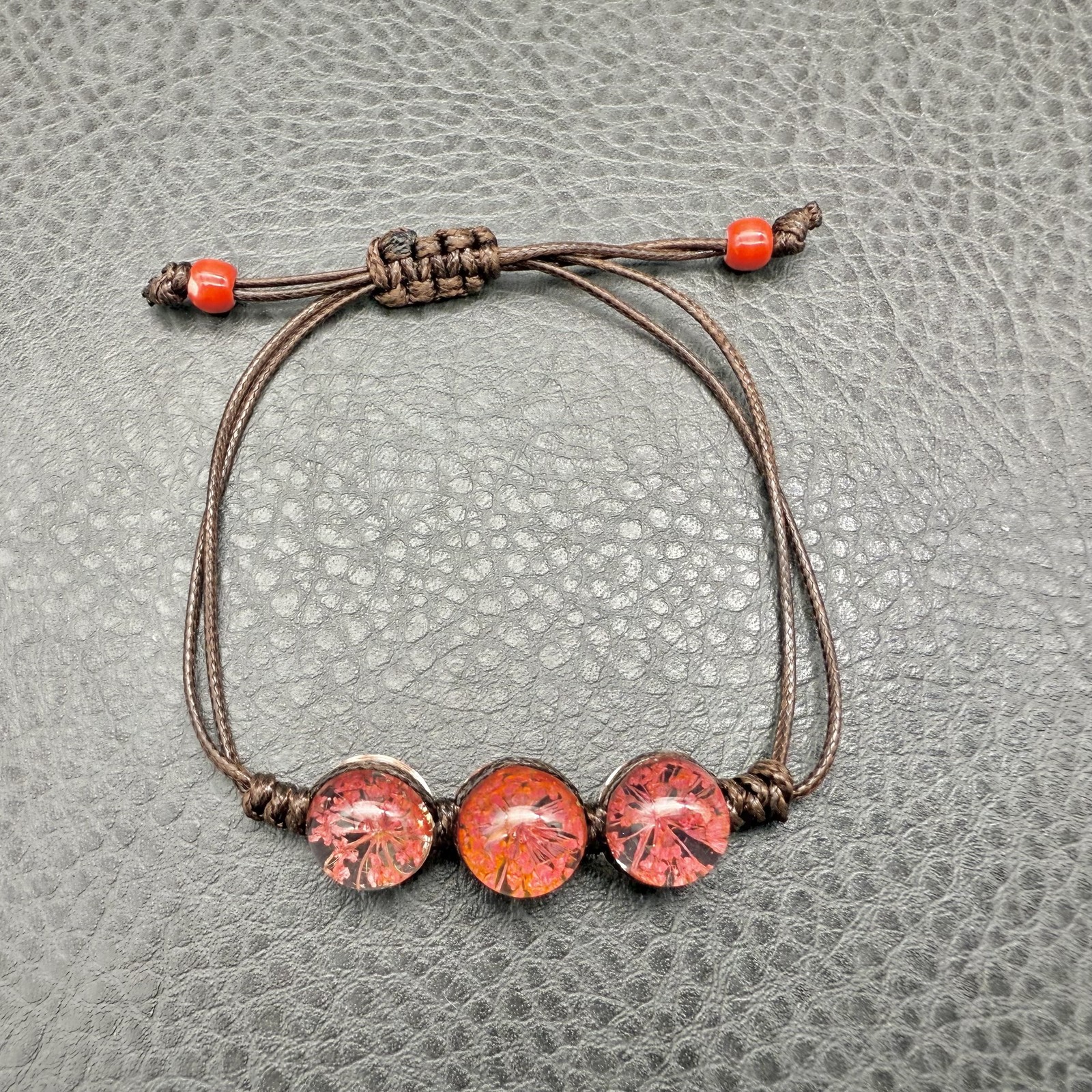 Handmade Macrame Bracelet Adjustable Red Resin Fl… - image 1