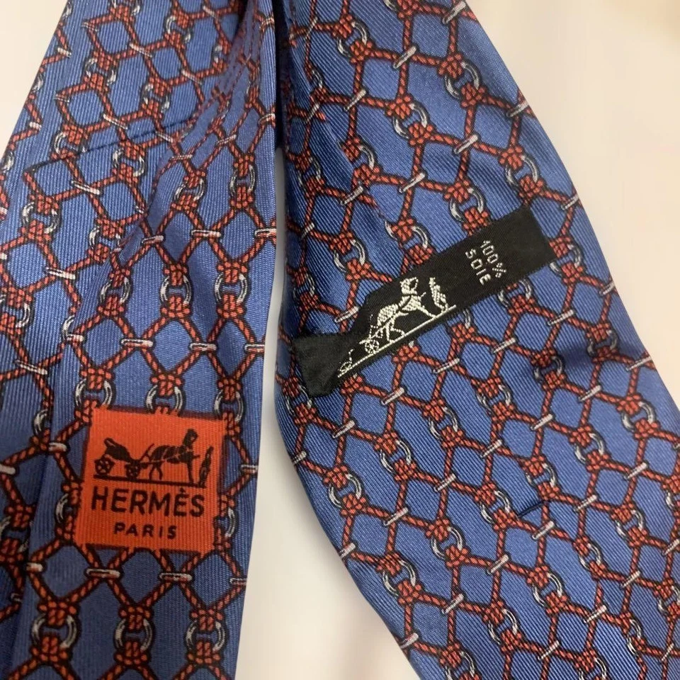HERMES New Unused Neck Tie Navy Red Rope Check 100%Silk With Box Made in France - Image 3 of 4