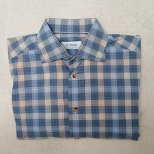 Eton Shirt Mens 16 Blue Plaid Button-Up Slim Fit Long Sleeve Cotton Sweden