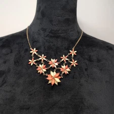 Vintage Gold Tone Floral Statement Necklace Link Chain Pink White Cottage Trad