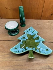 Hobbyist MCM Christmas Tree Dish , Vase & Candle Holder Drip Glaze Ceramic