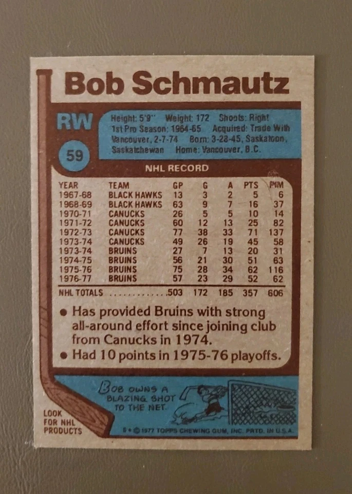 1977-78 Topps Hockey #59 Bob Schmautz - Boston Bruins - Image 2 of 2