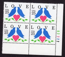 Scott #2440 Love Birds Plate Block of 4 Stamps - MNH P#U2222 LR