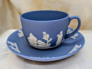 Antique Wedgwood Teacup & Saucer Jasperware Bisque Coffee Cup Blue Neoclassical