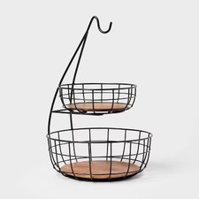 Iron and Mangowood Wire 2-Tier Fruit Basket with Banana Hanger Black -