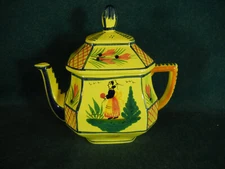 Quimper China France Soliel Yellow Octagonal  Small Teapot with Lid Lady Figure