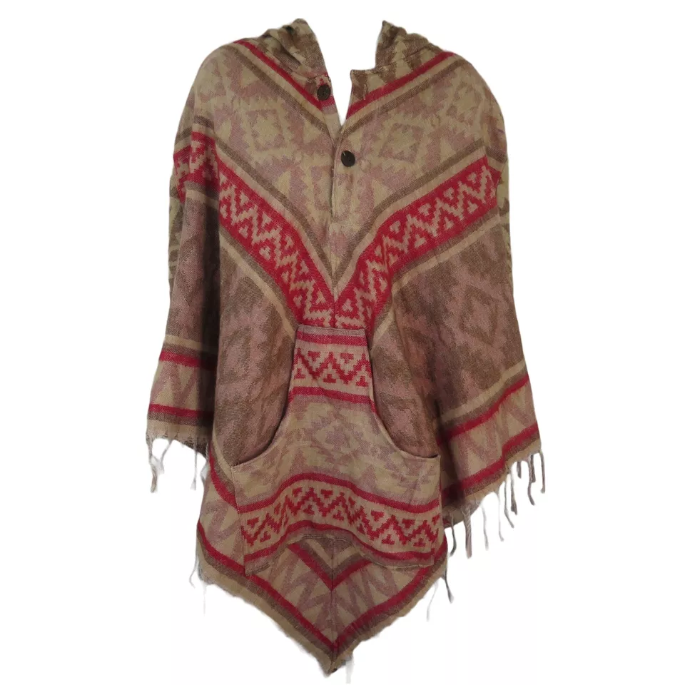 Poncho|2 Botones|Borlas | Capucha+Bolsillo|Boho|Desierto|Mezcla de Lana Yak|1 Talla|Arena Foto 2 de 4