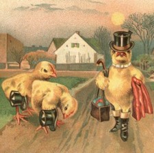 c.1908 Anthropomorphic Chicks Bowing Easter Top Hat Umbrella Boots White Bow Tie