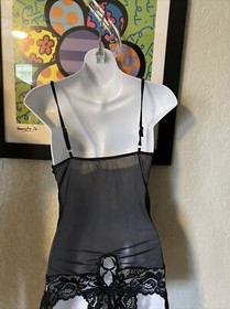 SISSY VTG Black Satin Look w/ Lace One Piece Garter Strap Lingerie  x7