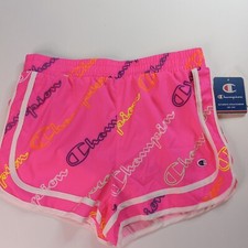 Champion Shorts Big Girl Sz XL Pink Logo All Over Printed Running Elastic Waist