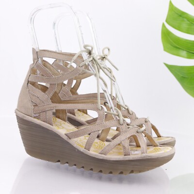 Fly London Womens Yuke Sandal Size 40 9 Tan Lace Up Gladiator Wedge Platform