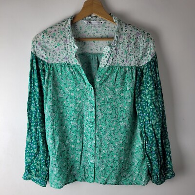 Zara Damen Gr. S grün Blumen Patchwork Bluse Bauern Landhaus Kern Sommer Boho