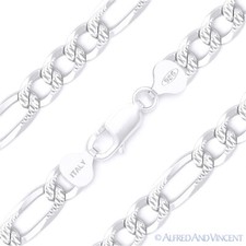 8.4mm Figaro Link Chain Diamond-Cut Pave Necklace in .925 Italy Sterling Silver