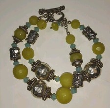 Vtg Pale Yellow Green Tourmaline Stones  Decorative Large Silver Ball Bracelet