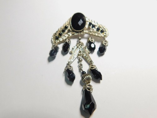 Broche Colgante Lágrima Metal Texturizado Cuentas Negras Tono Plateado Vintage - Imagen 2 de 4