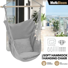 Macrame Hammock Chair Patio Hanging Chair Rope Swing Cushion Seat w/Side Pocket