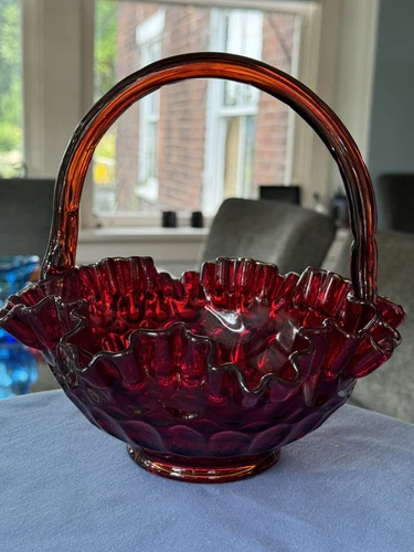 Shelley Fenton Signed And Dated Ruby Red Amberina Thumb Print Art Glass Basket