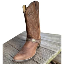 Brown Leather Boot Chains with Antique Brass Plated Embossed Oval Conchos