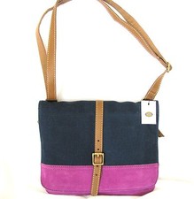 NEW FOSSIL TAYLOR FAB NAVY BLUE,MAGENTA+BROWN CANVAS CROSSBODY,HAND BAG,PURSE