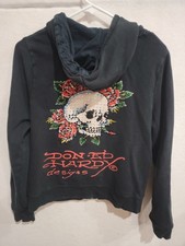 Ed Hardy by Christian Audigier Y2K Skull Rose Tattoo Full Zip Hoodie Women's M