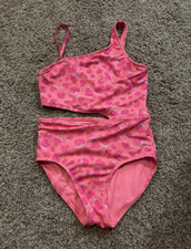 Cat Jack Girls Pink Heart Print One-Piece High-Waisted Swimsuit 10-12