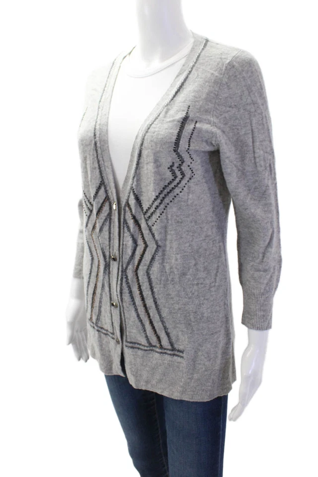 Cárdigan para mujer Diane Von Furstenberg gris lana geométrico cuello en V talla L Foto 2 de 4