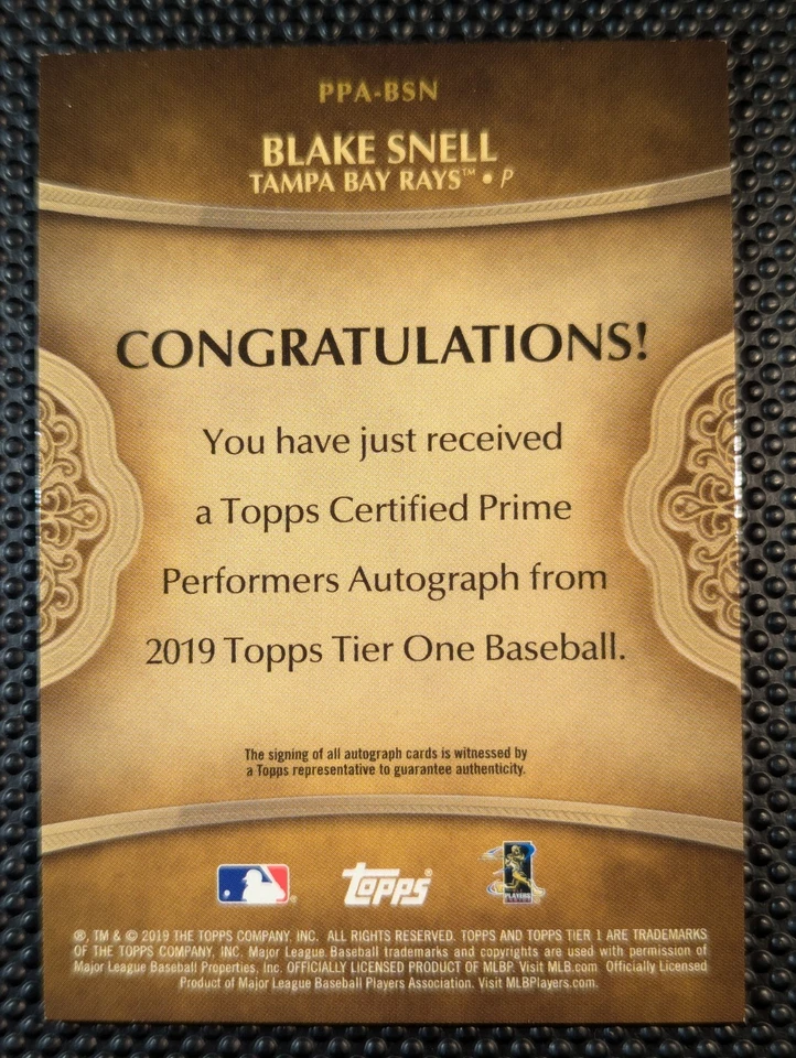 Blake Snell On-Card Auto /299 SP 2019 Topps Tier One Prime Performers Autographs - Image 2 of 2