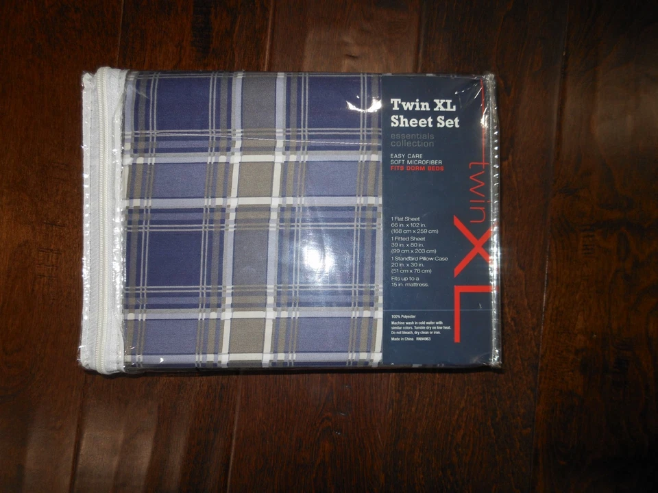 New Twin XL Sheet Set by Essentials Collection Blue Plaid - Image 4 of 4