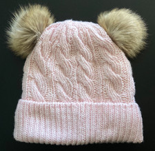 The Cable Knit Fleece Lined Beanie Hat w/ Faux Fur Double Pom Poms PINK