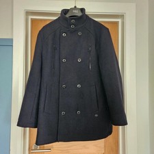 Navy double breasted funnel neck wool mix coat