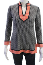 Tory Burch Women Tunic Blouse Black Aztec V-Neck Cotton Long Sleeve Size XS