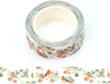 White Foil Robin and Winter Flower Embossed Decorative Tape 15Mm X 10M for Scrap