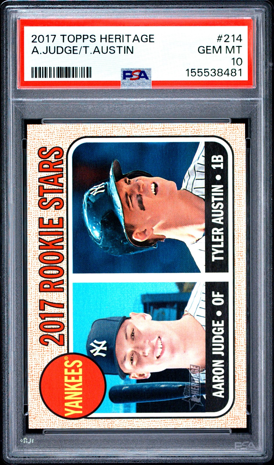 2017 TOPPS HERITAGE #214 AARON JUDGE/TYLER AUSTIN ROOKIE RC PSA 10 view 1