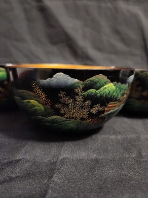Vintage Set 3 Japanese Black Laquer Ware Bowls Asian Landscape Koi Fish Inside 