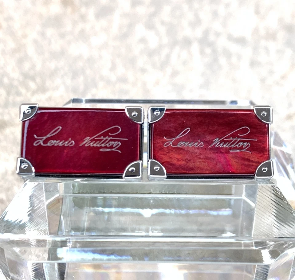 Louis Vuitton Button Cufflinks Silver Ag925 Red 13x22mm w/ Damier Leather Case - Image 3 of 4