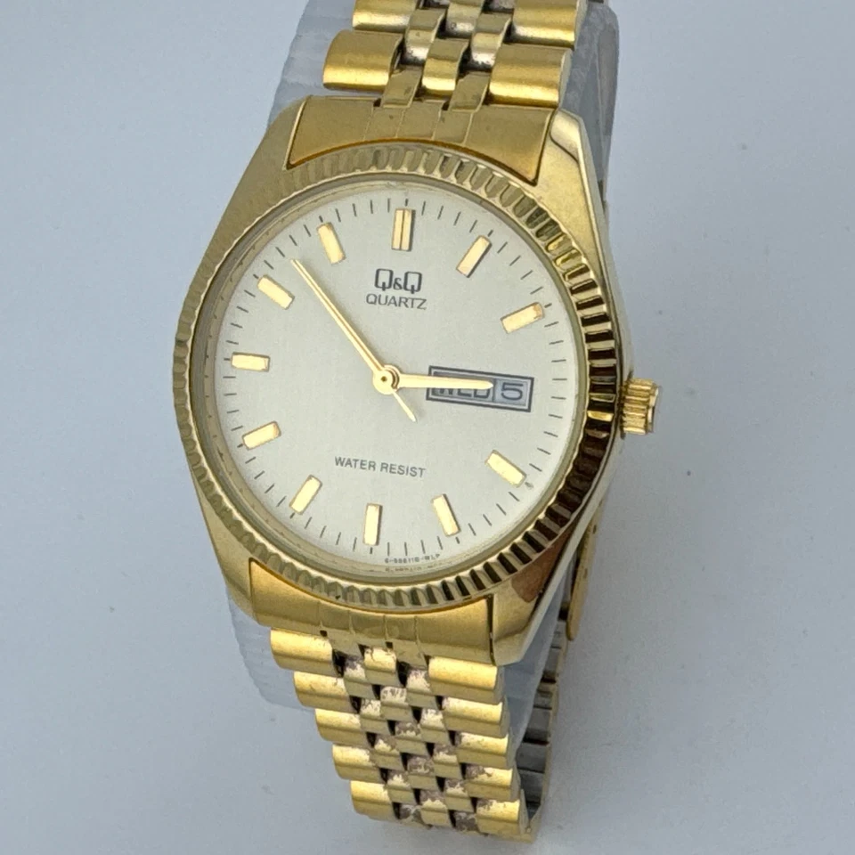 Vintage Q&Q Quartz Watch Men Gold Tone Fluted Bezel Japan Analog New Batte 7.25" - Image 2 of 4