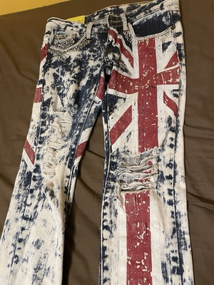 #ad #ad Jeans women’s Machine Nouvelle Mode Distressed Flag Designed Size 26 97% Cotton $38.00