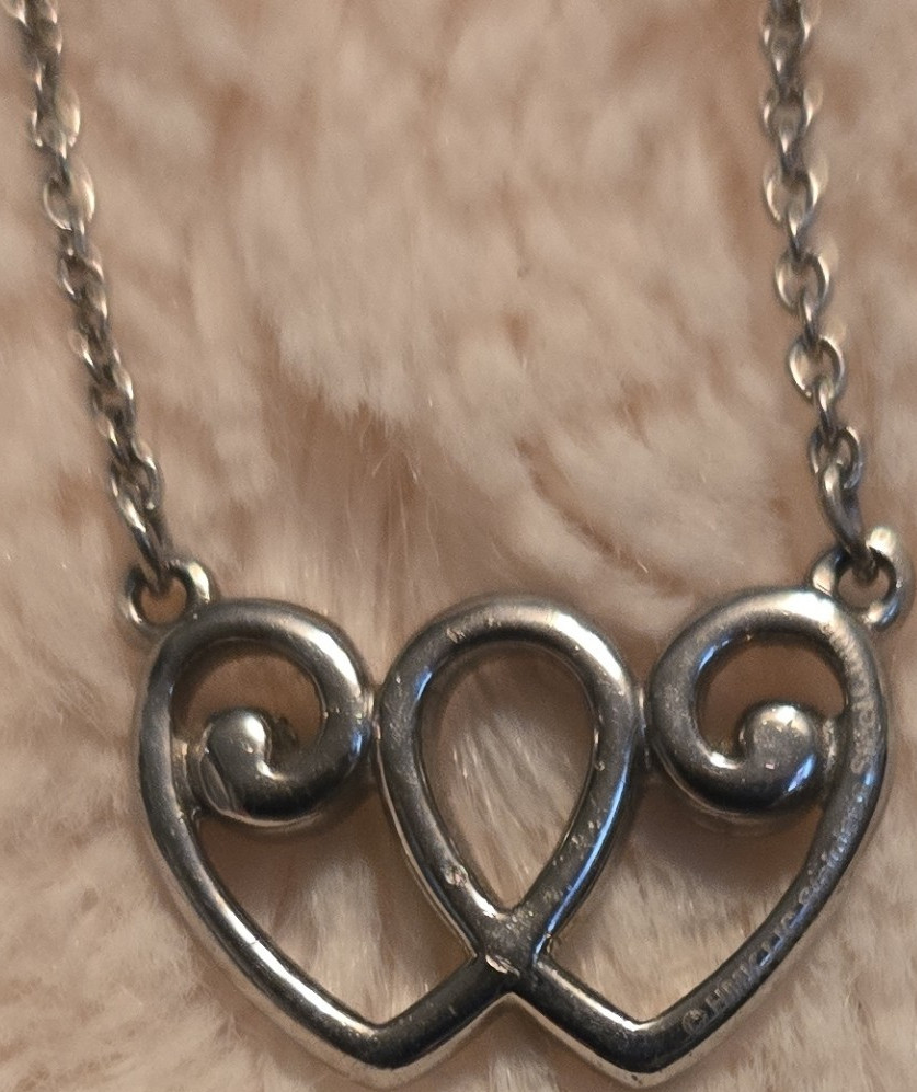 silver tone double heart pendant necklace cable chain lobster closure