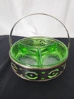 Vintage Depression Green Glass Divided Candy Nut Relish Dish w Metal Caddy