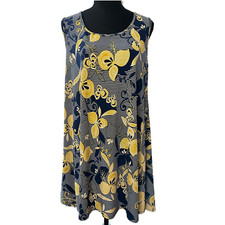 SJS Blue and Yellow Floral Print Scoop Neck Sleeveless Shirtdress, Size M