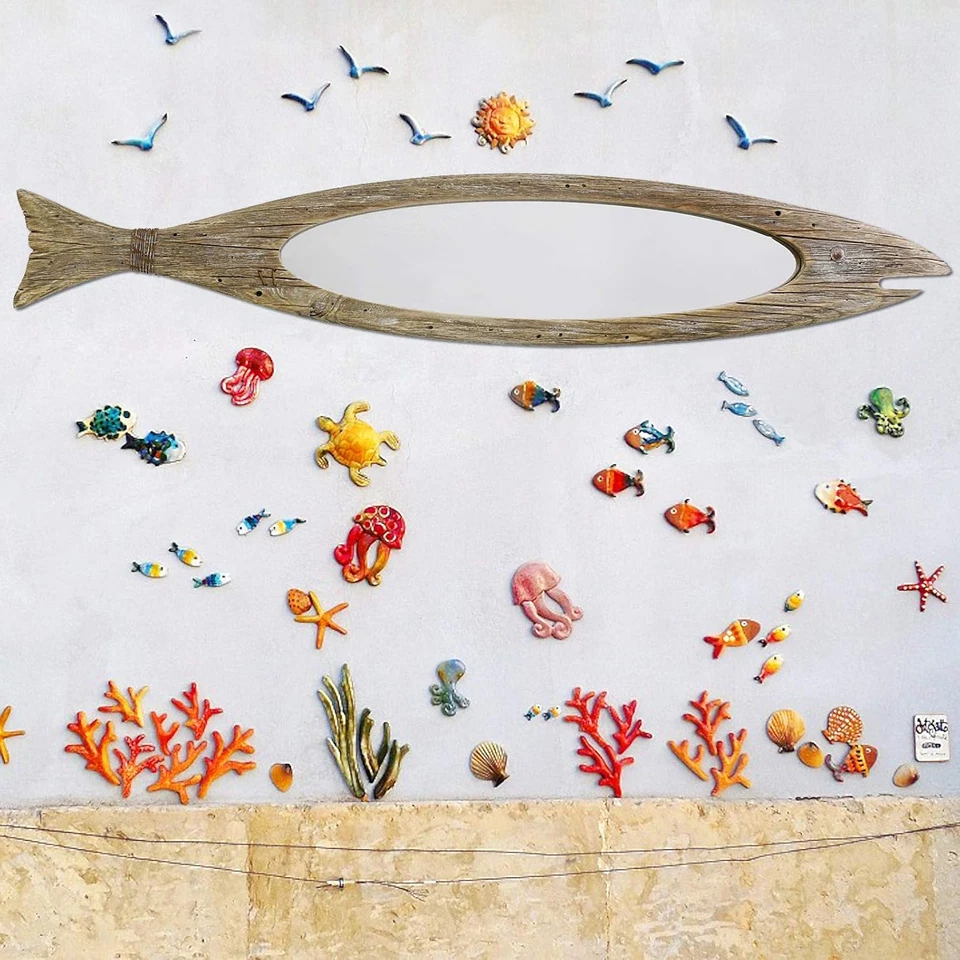 Wooden Fish Mirror Decor Hanging Wood Fish Mirror Decorations for Wall, Rustic N - Image 3 of 4