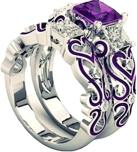 Juego de anillos de boda con acabado de oro blanco de 14K de diamante creado en laboratorio amatista corte princesa Foto 3 de 4